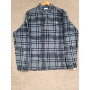 Columbia Mens M Fleece Pullover Blue Gray Plaid Quarter Zip Mock Neck Outdoor